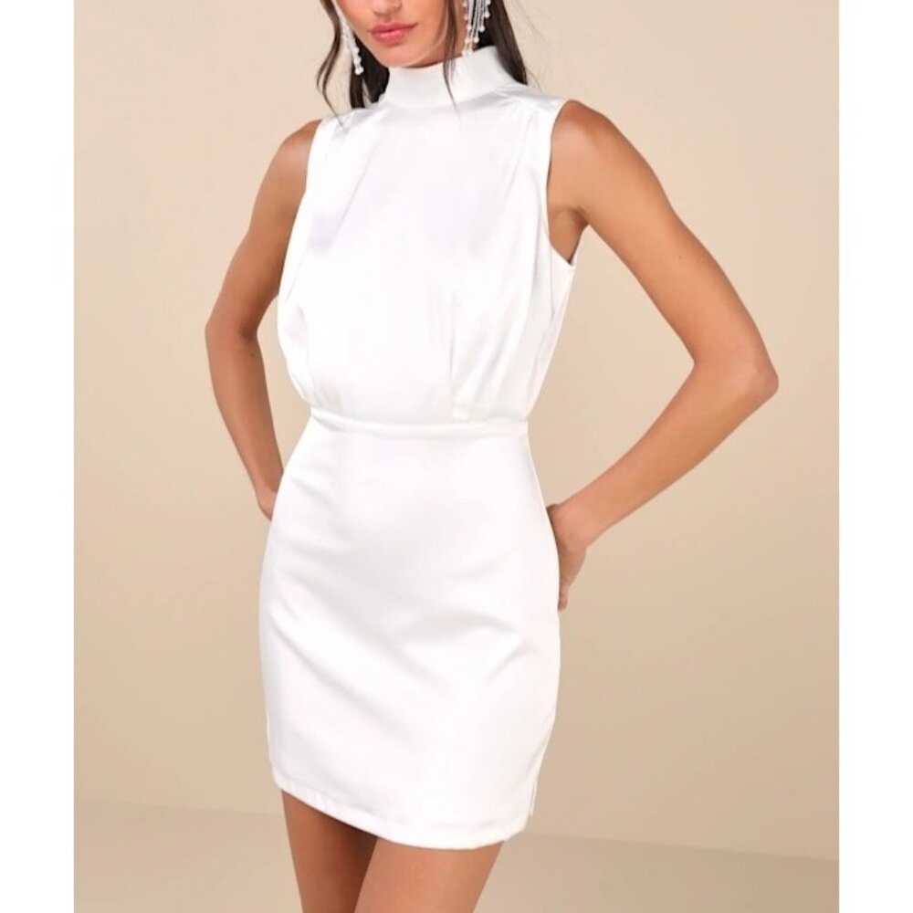 Lulus Classic Elegance White Satin Sleeveless Mock Neck Mini Dress Sz Medium Wom